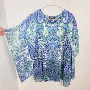 G Collection Blue Green White Paisley Rhinestone Boho Artsy Flowy Blouse Size 1X